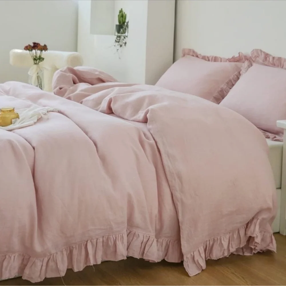 🆕 Luxury 100% Linen Ruffle Duvet Cover Set in QUEEN
